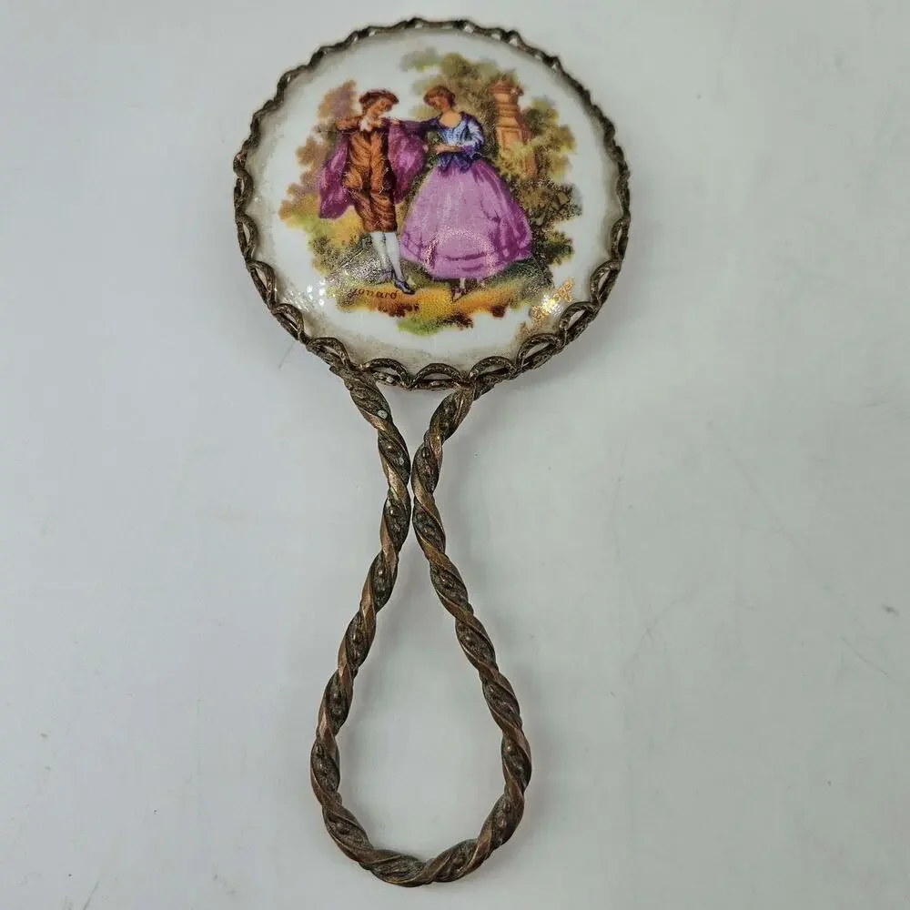 Vintage Hand Held Mirror porcelain Courting Couple Fragonard
